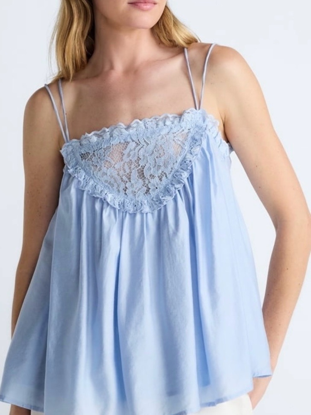 Light Blue Lace Yoke Spaghetti Strap Women's Top